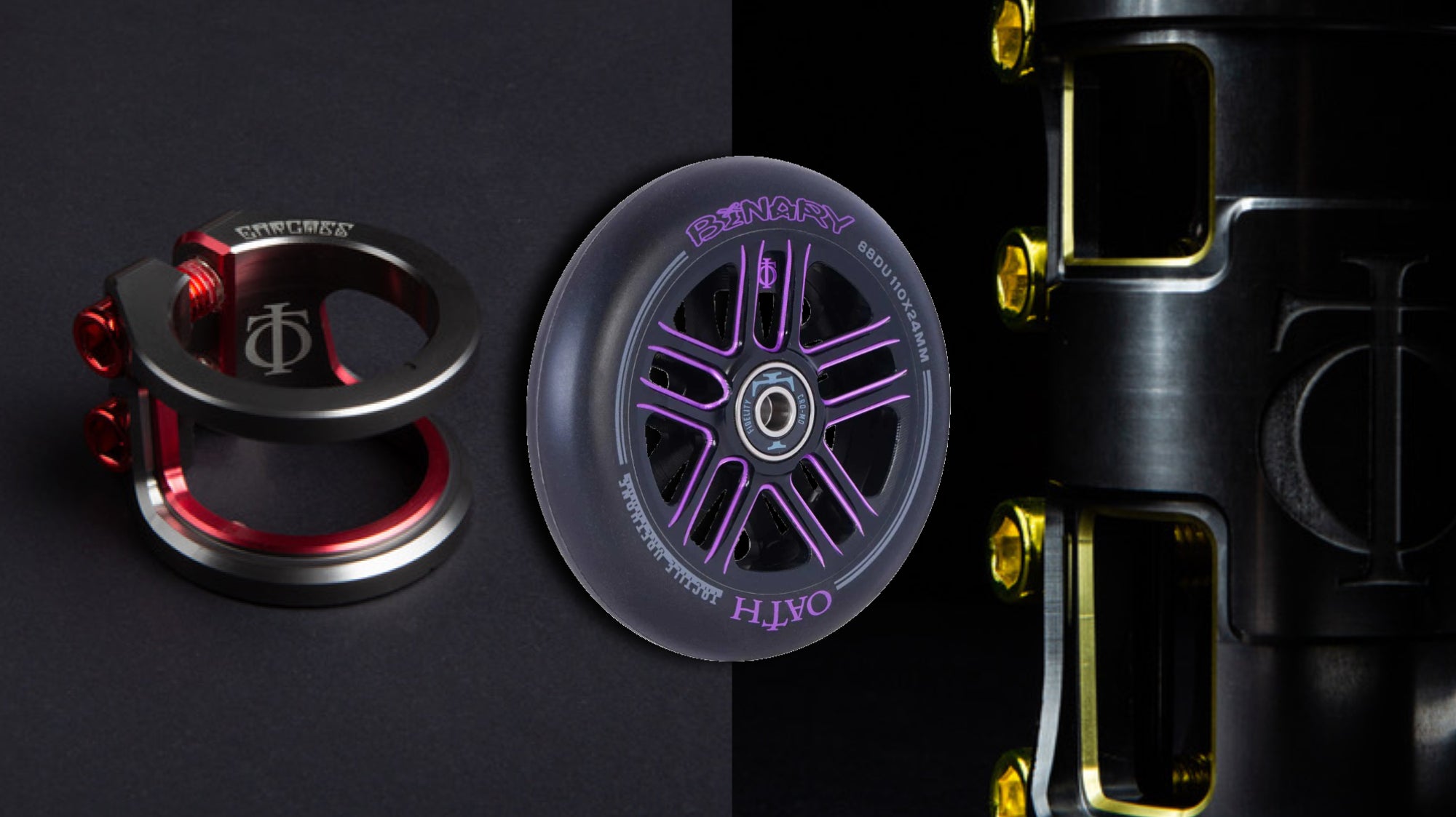 The Oath Components Clamps and wheels are the best best combo parts for freestyle scooters out there. The Carcass clamps and the Binary wheels will fit perfectly together.