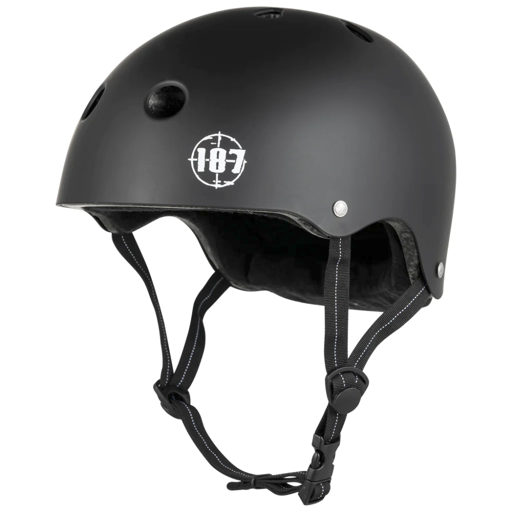 187 Low Pro Certified Helmet Matte Black Our all-new, CPSC &amp; ASTM Certified Helmet - the 187 LOW PRO. Find your perfect fit with mix &amp; match liners (included) and experience the comfort and safety of 187's best helmet yet! Angle Front View