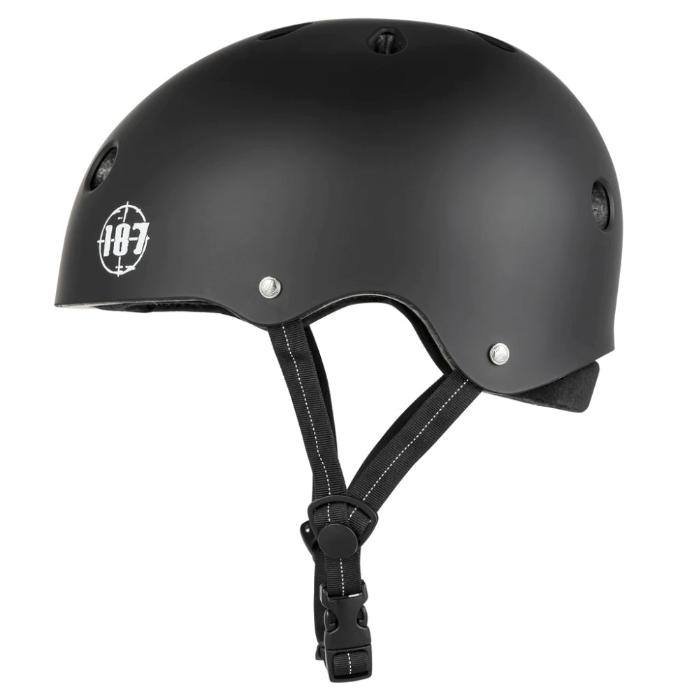 187 Low Pro Certified Helmet Matte Black Our all-new, CPSC & ASTM Certified Helmet - the 187 LOW PRO. Find your perfect fit with mix & match liners (included) and experience the comfort and safety of 187's best helmet yet! Left Side
