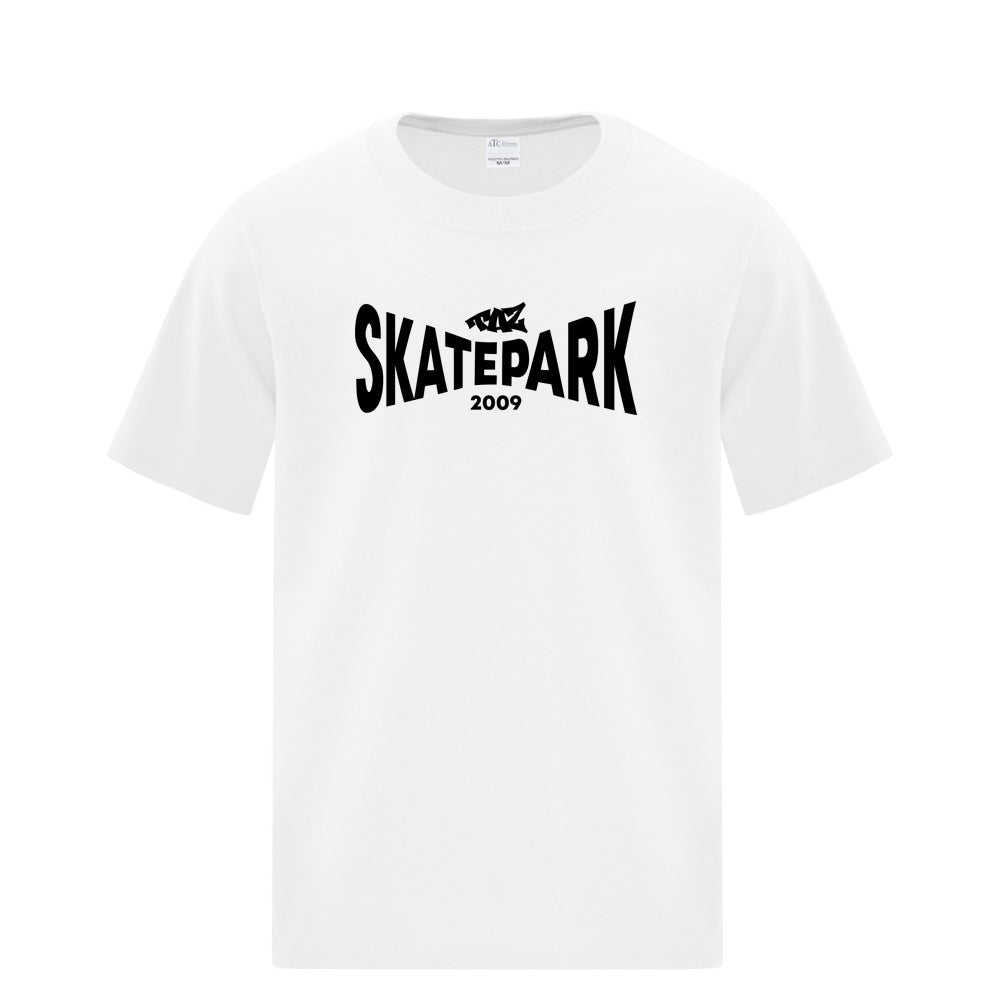 TAZ Wide Logo T-Shirt Proudly wear the TAZ logo in a big way, being the largest skatepark in Quebec since 2009. Our clothing is proudly printed in Quebec and made of 100% cotton. White Front