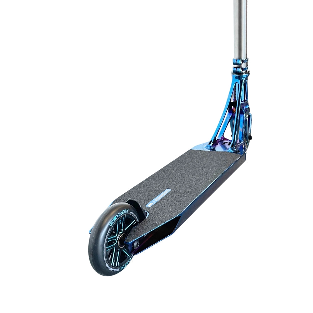 Blue-Ray of LIGHT Custom Pro Park Complete Scooter Back Angle View Of Ethic DTC Pandemonium V2 Deck