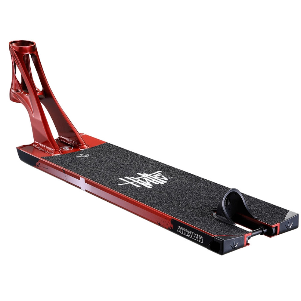 Envy AOS V6 Happy Hjalte Sig. Scooter Deck in Danish Red Left Back Angle View With Aluminium Boxed Ends