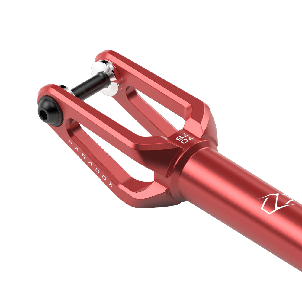 Fuzion Paradox Scooter Fork In Red. Strong, light, & compatible. Fuzion has re-enter the fork game with an absolute monster that should set a new standard in the industry.