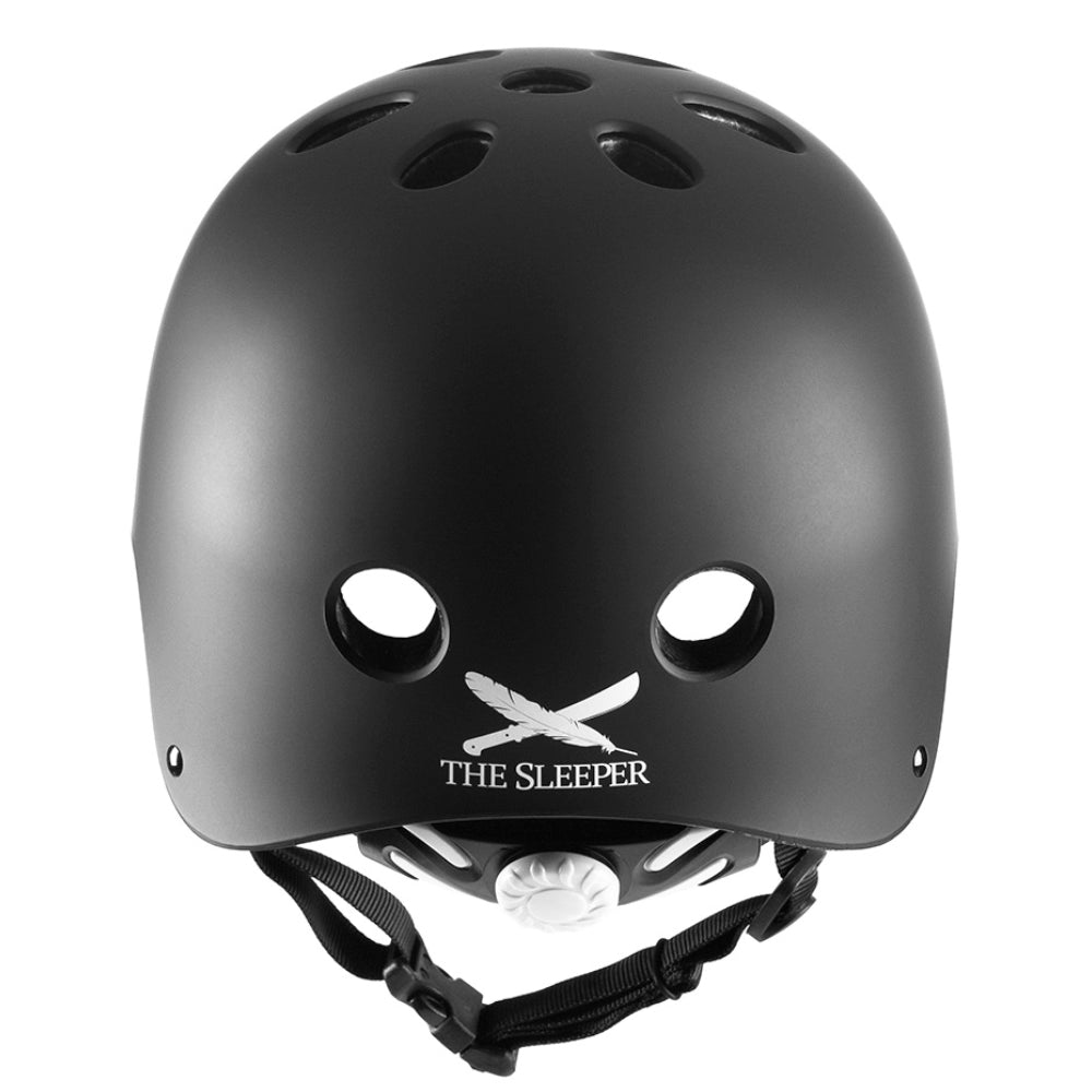 Gain The Sleeper Matte Black CERTIFIED Adjustable Helmet Back View With Design and Adjustment Buckle