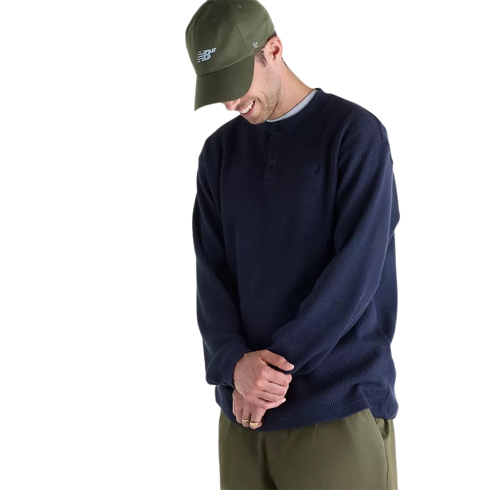 New Balance Numeric Waffle Knit Long Sleeve Henley Dark Night Blue Side Angle View