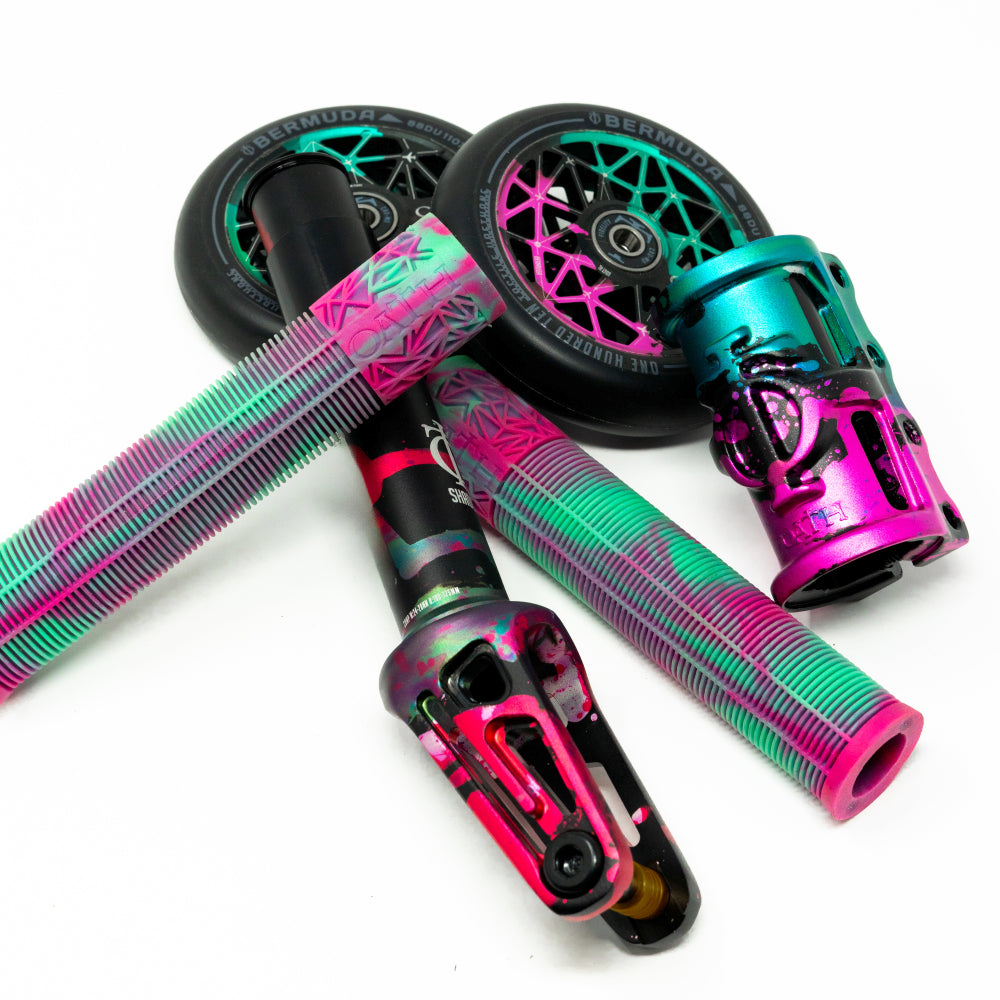 Oath Components SCS Combo Fork + Clamp SCS + Grips + Wheels Pink Green Black