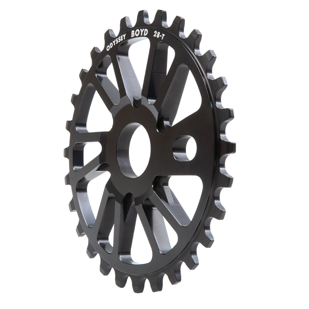 Odyssey Boyd Hilder Signature Sprocket - BMX Sprocket Introducing Boyd Hilder’s new signature sprocket. The BOYD SPROCKET is a clean five spoke directional design CNC machined from lightweight 7075-T6 aluminum. The spokes increase in thickness towards the center for added strength and it comes in 25T, 28T, & 30T size options. Black only. 28t