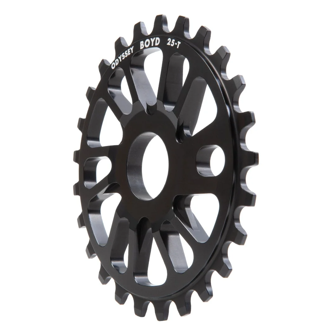 Odyssey Boyd Hilder Signature Sprocket - BMX Sprocket Introducing Boyd Hilder’s new signature sprocket. The BOYD SPROCKET is a clean five spoke directional design CNC machined from lightweight 7075-T6 aluminum. The spokes increase in thickness towards the center for added strength and it comes in 25T, 28T, & 30T size options. Black only. 25t