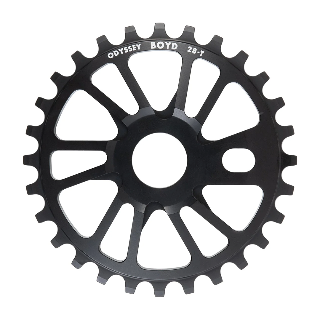 Odyssey Boyd Hilder Signature Sprocket - BMX Sprocket Introducing Boyd Hilder’s new signature sprocket. The BOYD SPROCKET is a clean five spoke directional design CNC machined from lightweight 7075-T6 aluminum. The spokes increase in thickness towards the center for added strength and it comes in 25T, 28T, & 30T size options. Black only. 28t