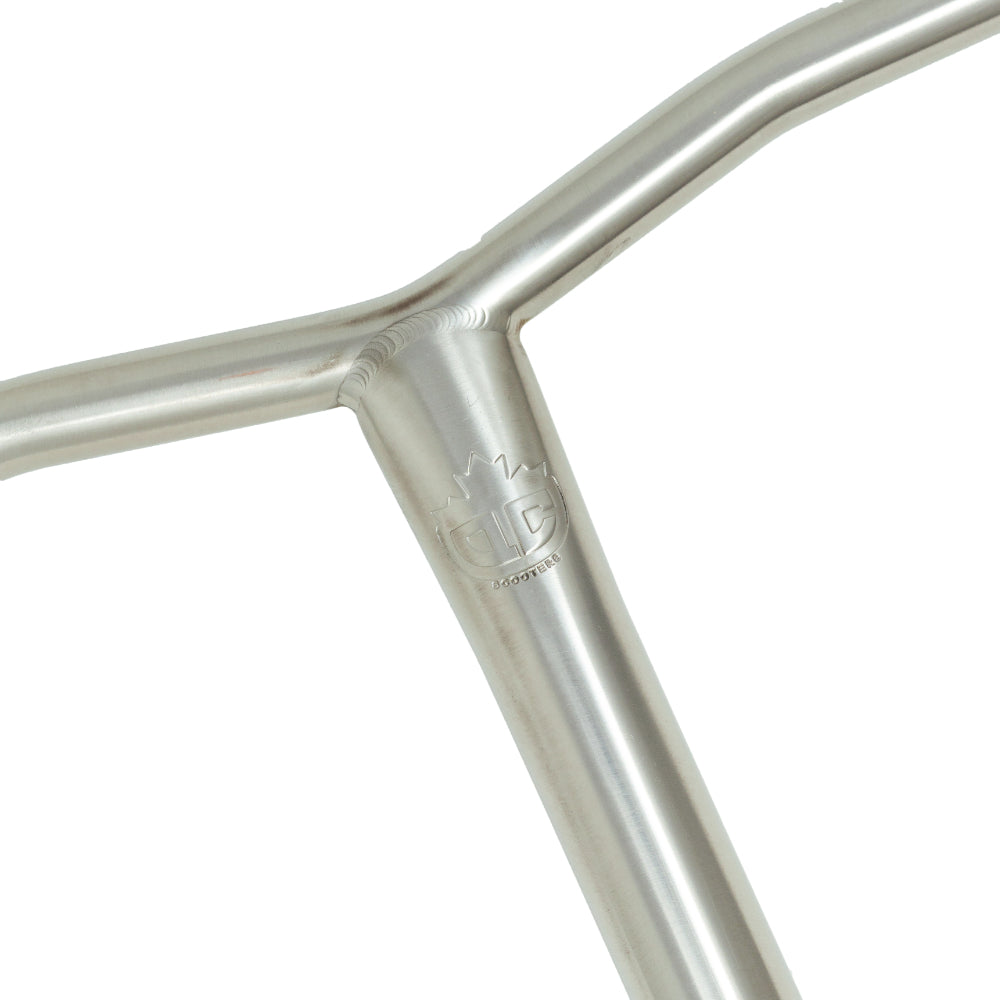 QC Scooters Titanium Scooter Bars Lightweight and strong. Close up on the engraved QCS logo