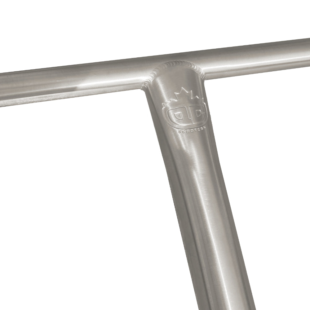 QC Scooters Titanium T-Bars Raw Engraved Logo Close Up