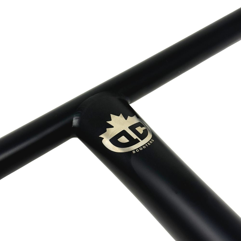QC Scooters Titanium T-Bars Matte Black with Silver Logo Scooter Bars Close-Up