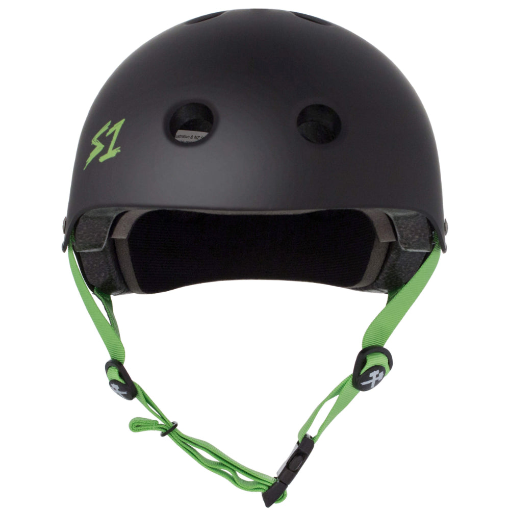 S1 Lifer Matte Black / Bright Green Straps CERTIFIED Helmets Front View