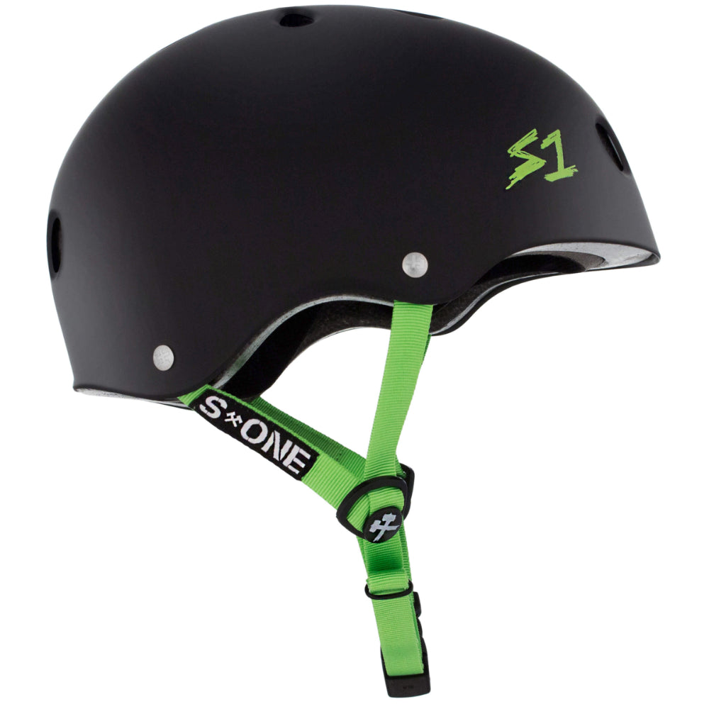 S1 Lifer Matte Black / Bright Green Straps CERTIFIED Helmets Side View