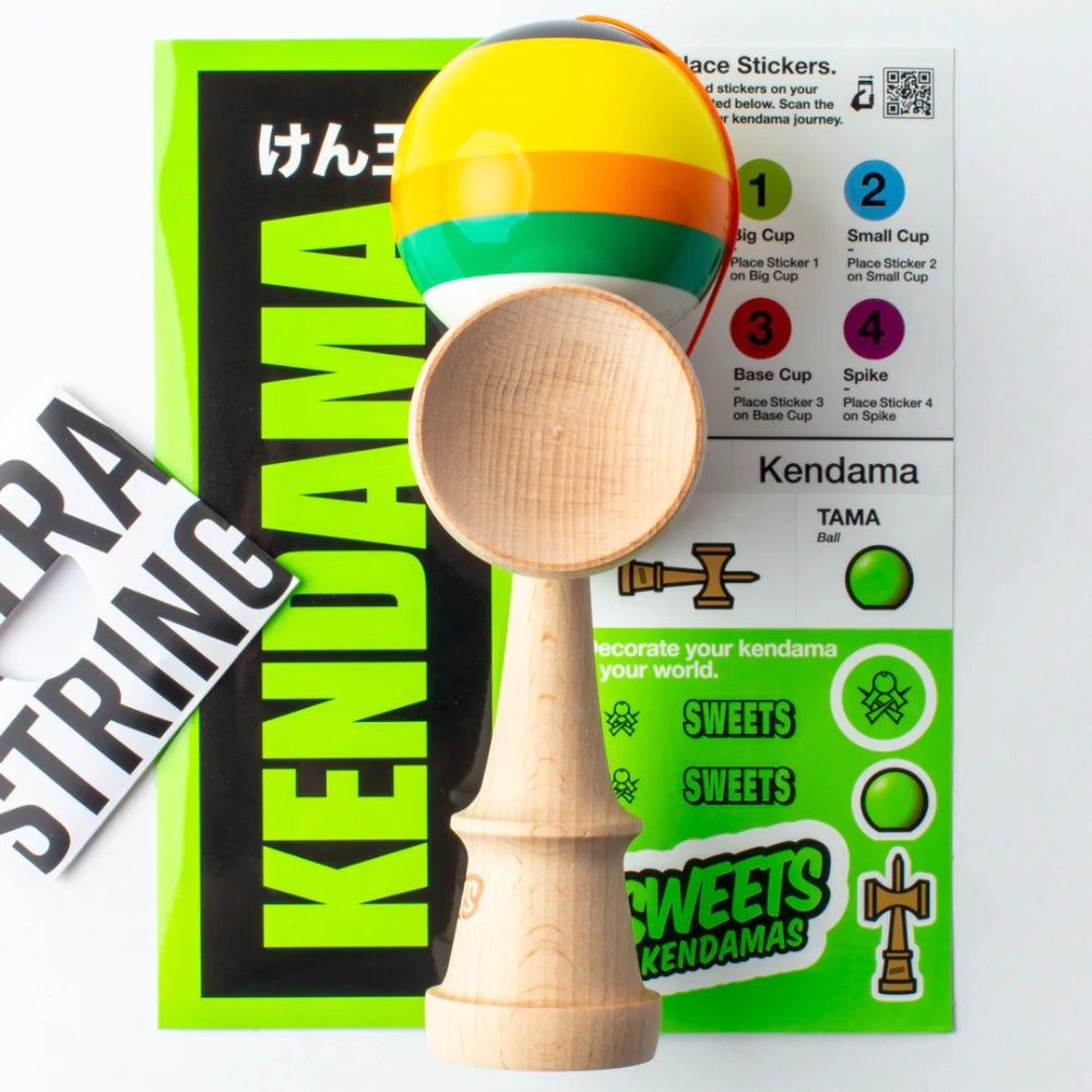 Kendama toy with colorful rim and wooden handle on a Sweets Kendamas branded background