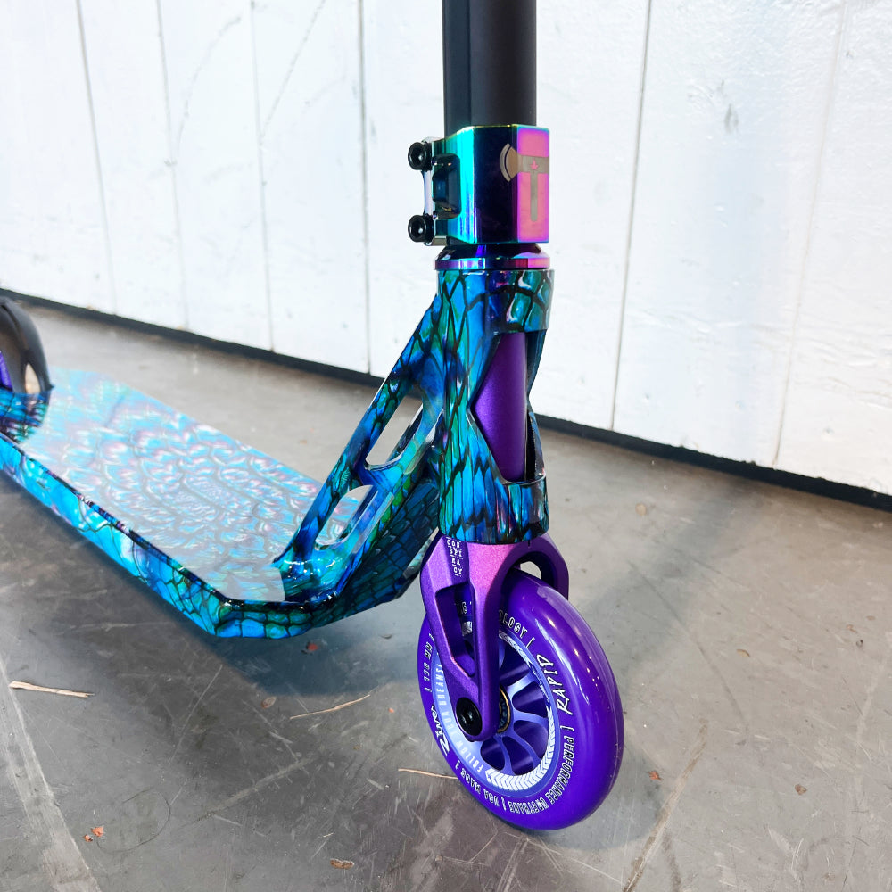 The Color Violet Custom Park Scooter Fuzion Entropy 2 Deck River Wheels Trynyty Oil Slick Ethic DTC aluminium Bars