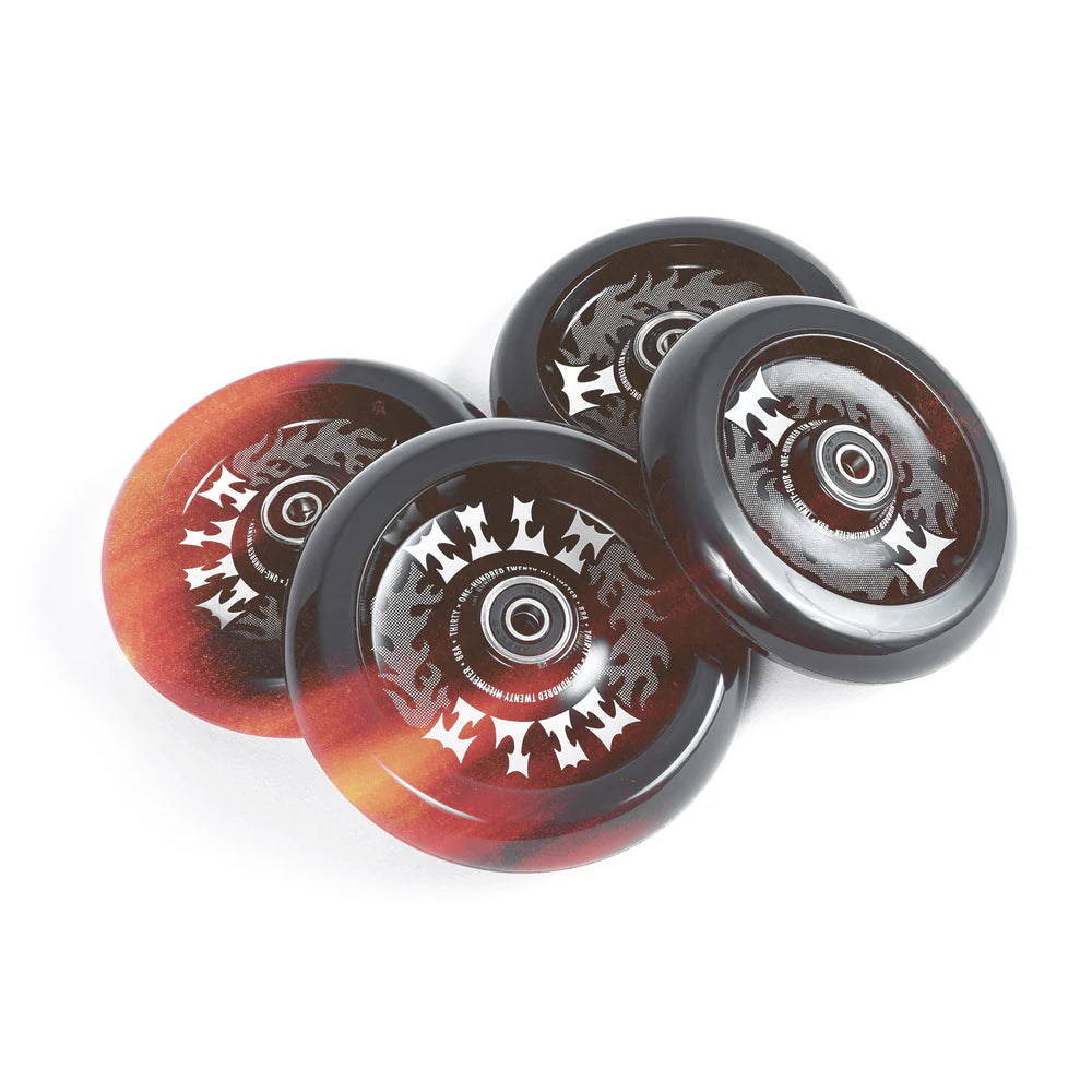 Selects Flame Core and Graphic. One time production. The Flame Wheels utilize the same polyurethane as the Durare Wheels for the perfect blend of speed, traction, and hardness to keep you stoked on all terrain. To top that off, you'll be stoked on the preinstalled bearings and precision spacers.