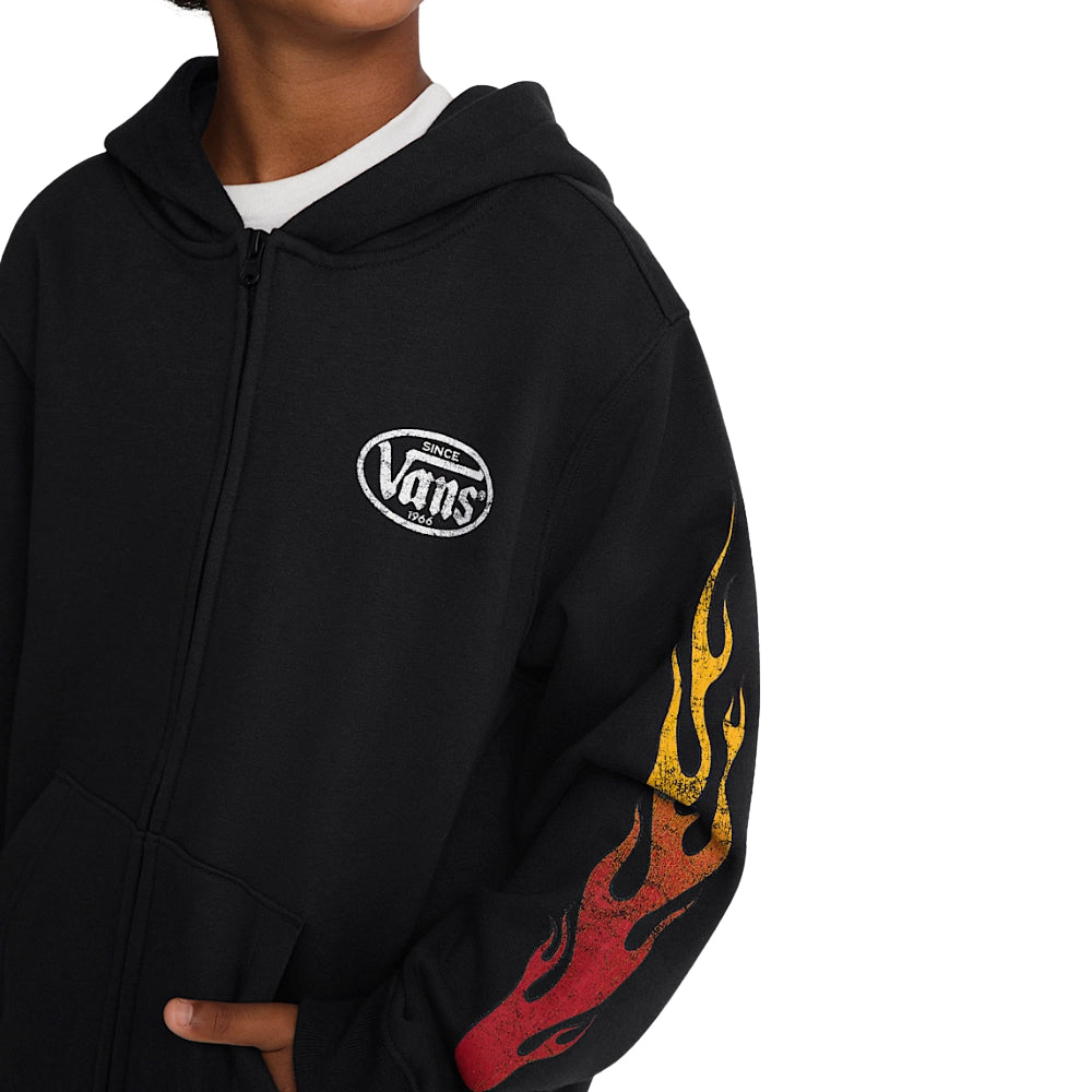 Vans Burnin' Up Full Zip Hoodie Black Front Close Up On Model