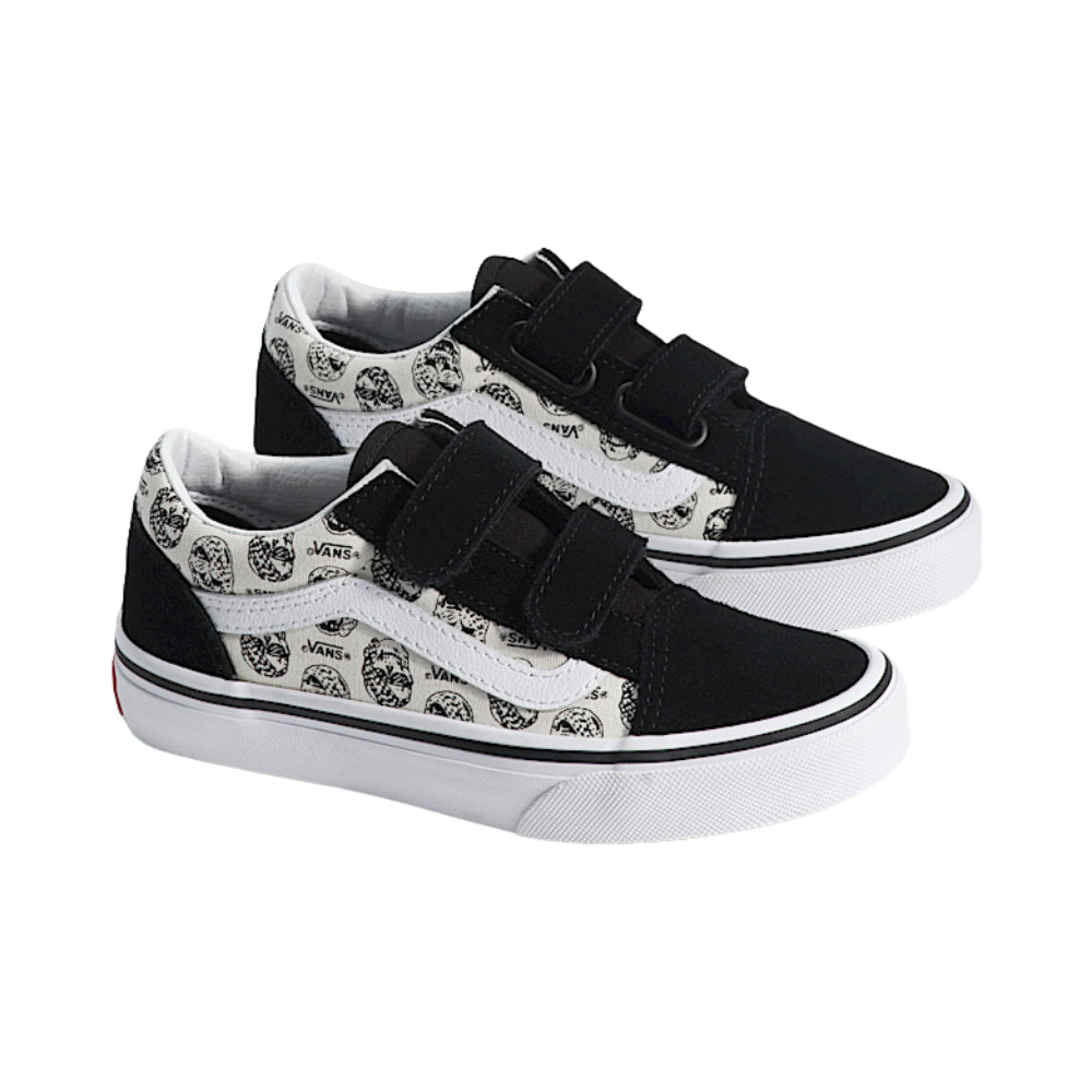 Vans Kids Old Skool Velcro Skulls Black / White Shoes Pair