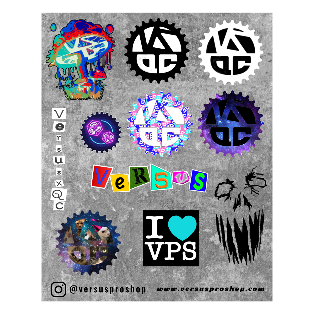 Collection of versus pro shop stickers on a grey sheet