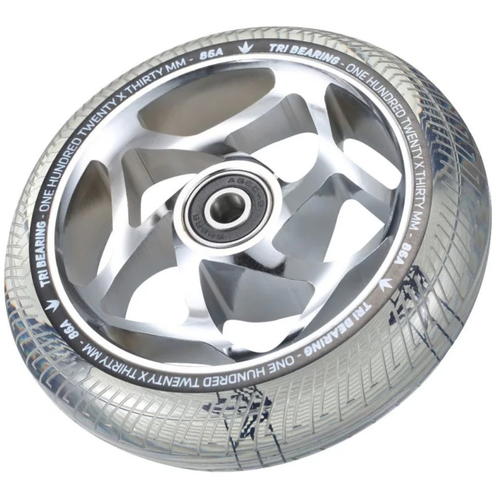 Envy Tri-Bearing 120x30mm Chrome Clear (PAIR) - Scooter Wheels Angle Logo