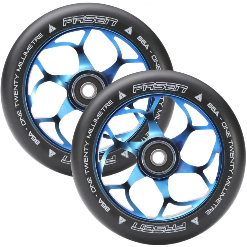 Fasen 6 Spoke 120mm Freestyle Freestyle Scooter Wheels 86a pu Burnpipe Blue Neochrome Pair