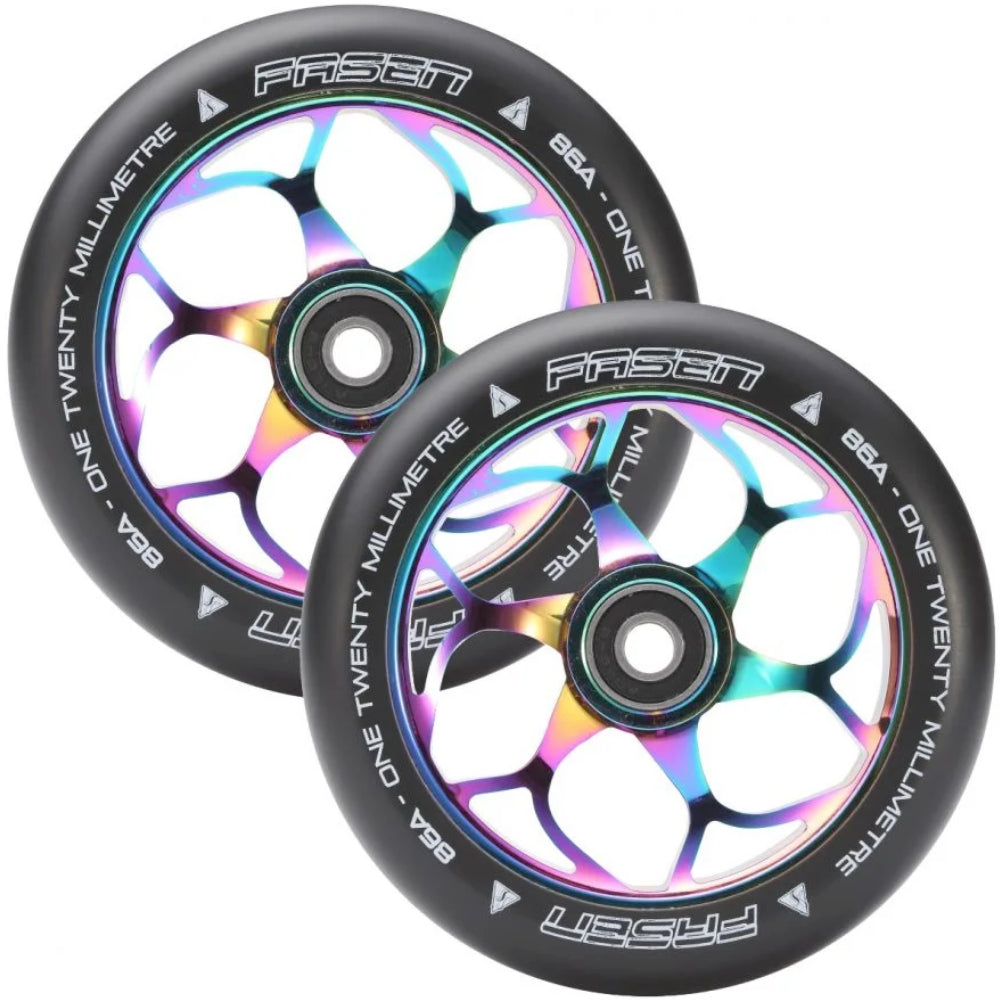 Fasen 6 Spoke 120mm Freestyle Freestyle Scooter Wheels 86a pu Oilslick Neochrome Pair