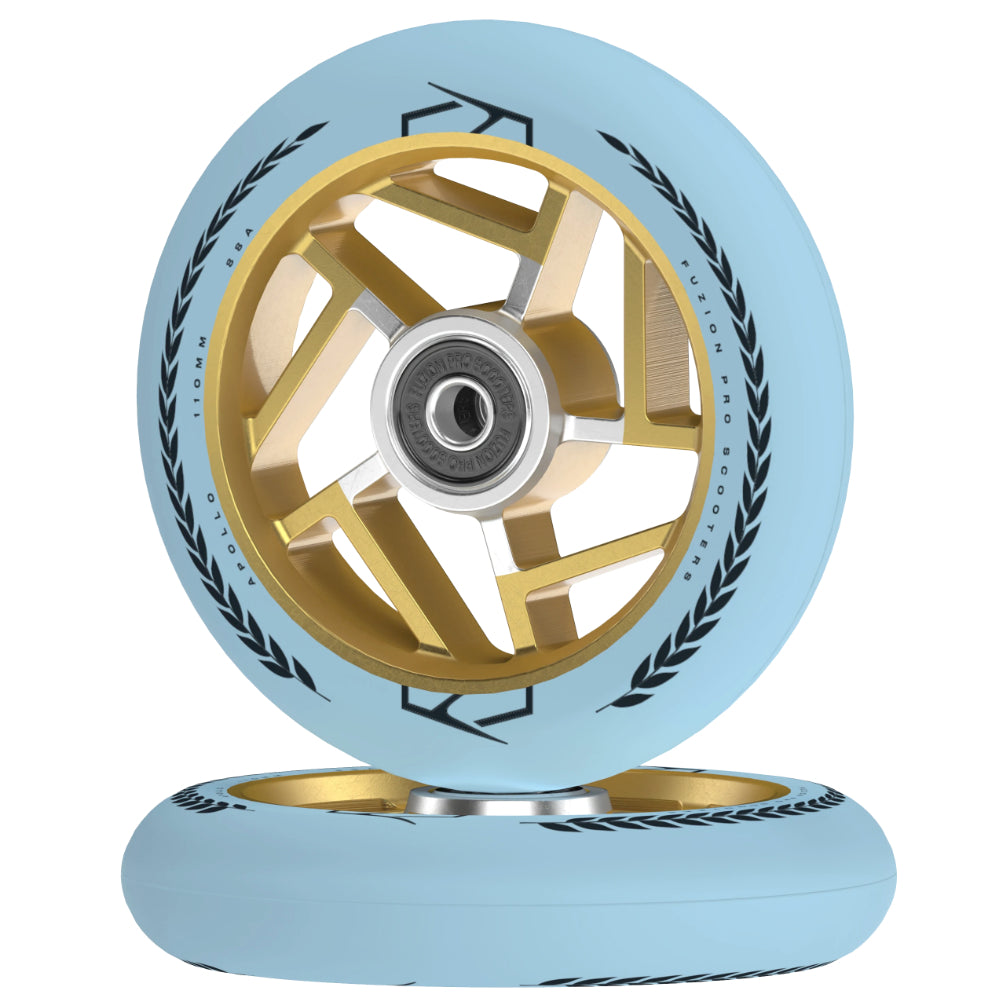Fuzion Apollo Baby Blue Gold Scooter Wheels 110x24mm 88a pu Stacked