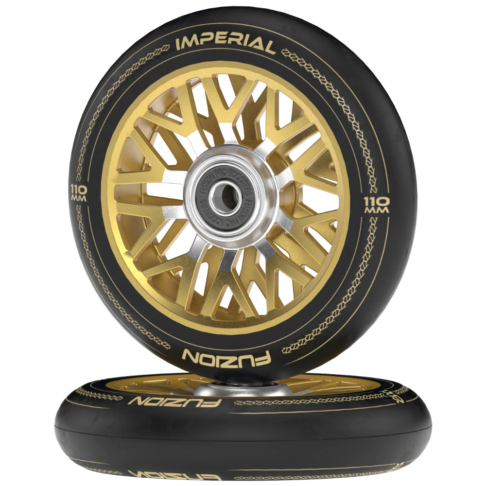 Fuzion Imperial 110x24mm Black / Gold Freestyle Scooter Wheels Stacked