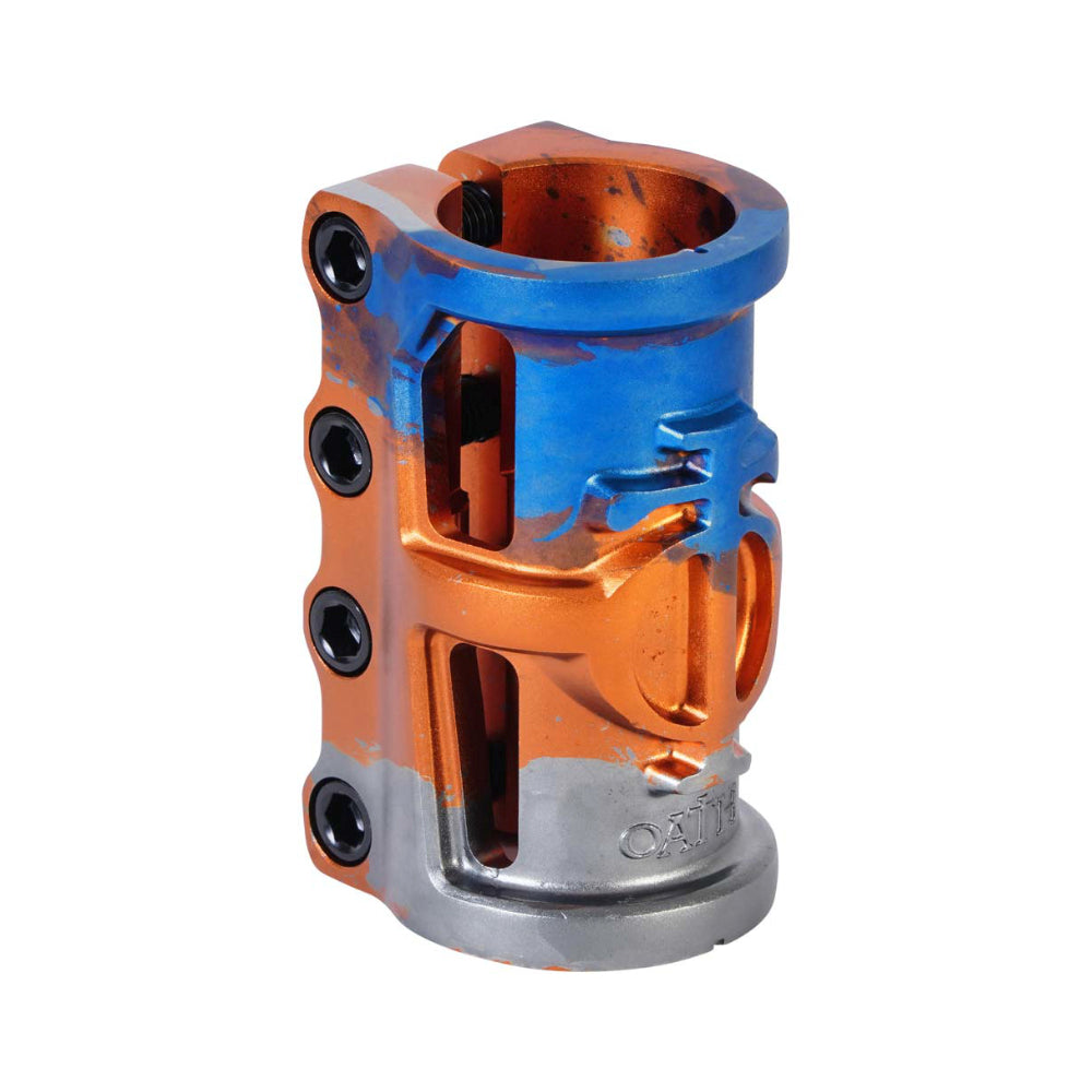 Oath Cage SCS V2 Tri-Color - Scooter Clamp Orange Blue Titanium Angle
