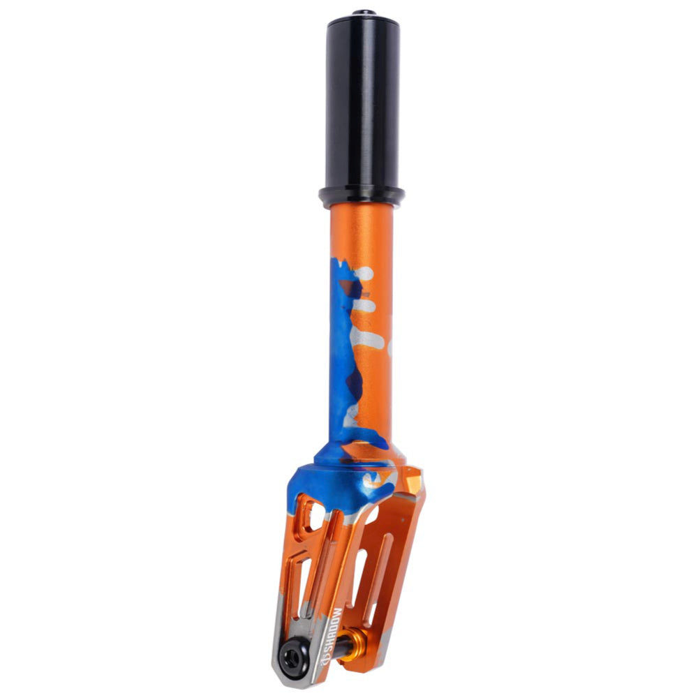 Oath Shadow IHC Scooter Fork Orange Blue Titanium Angle