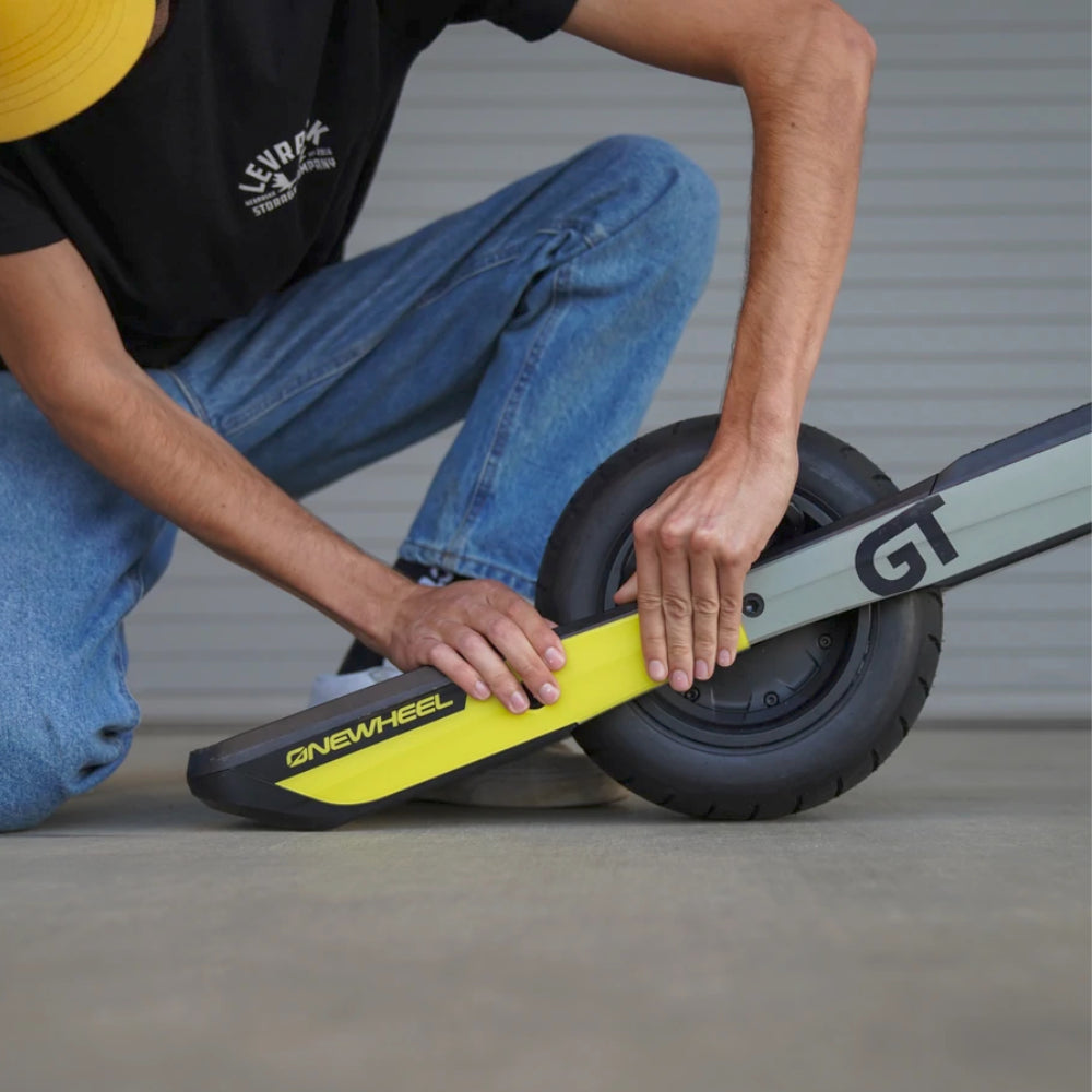 Onewheel Rail Guards For GT Fluorescent Yellow Installation