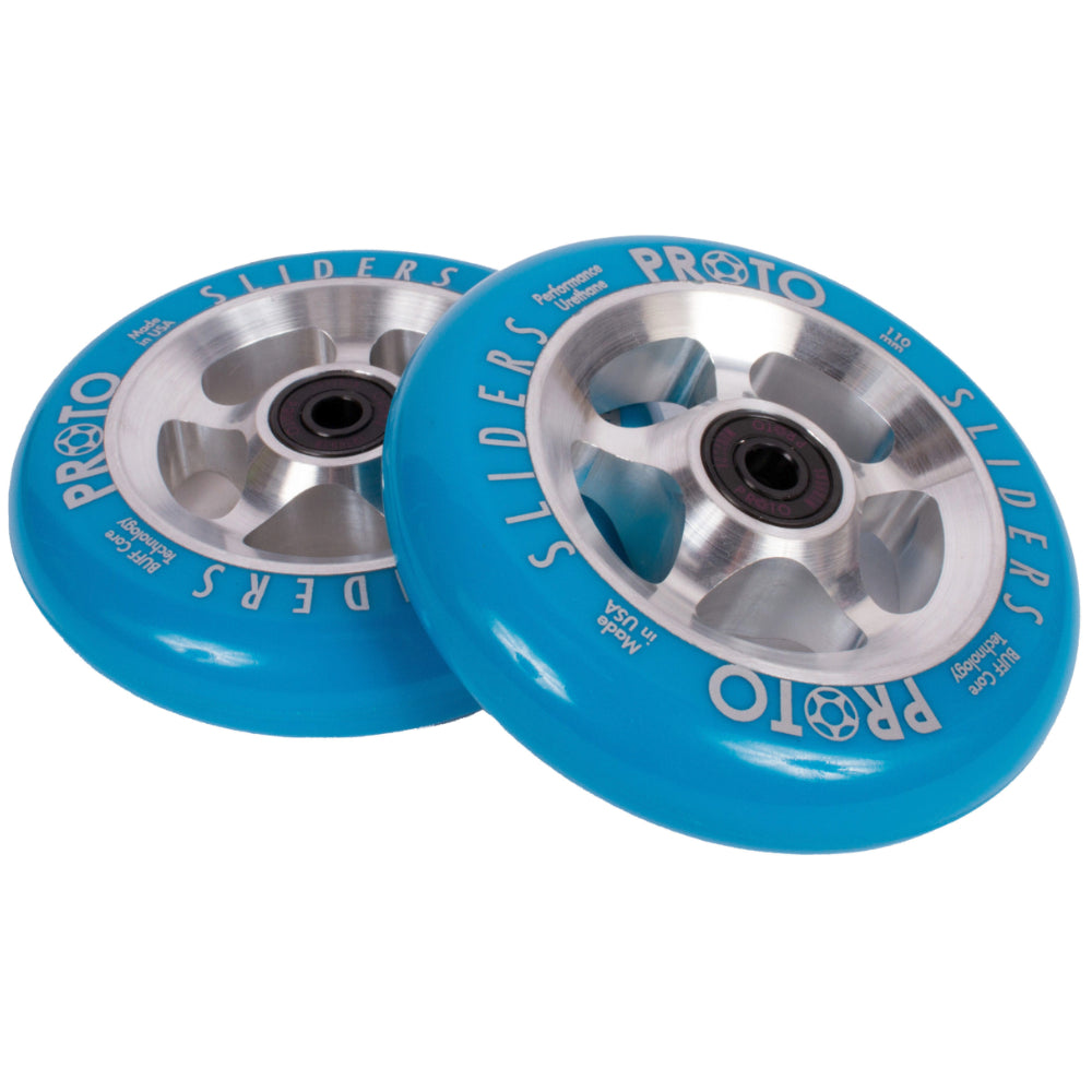Proto StarBrights Sliders Neon Blue Raw Core 110mm Freestyle Scooter Wheels Pair