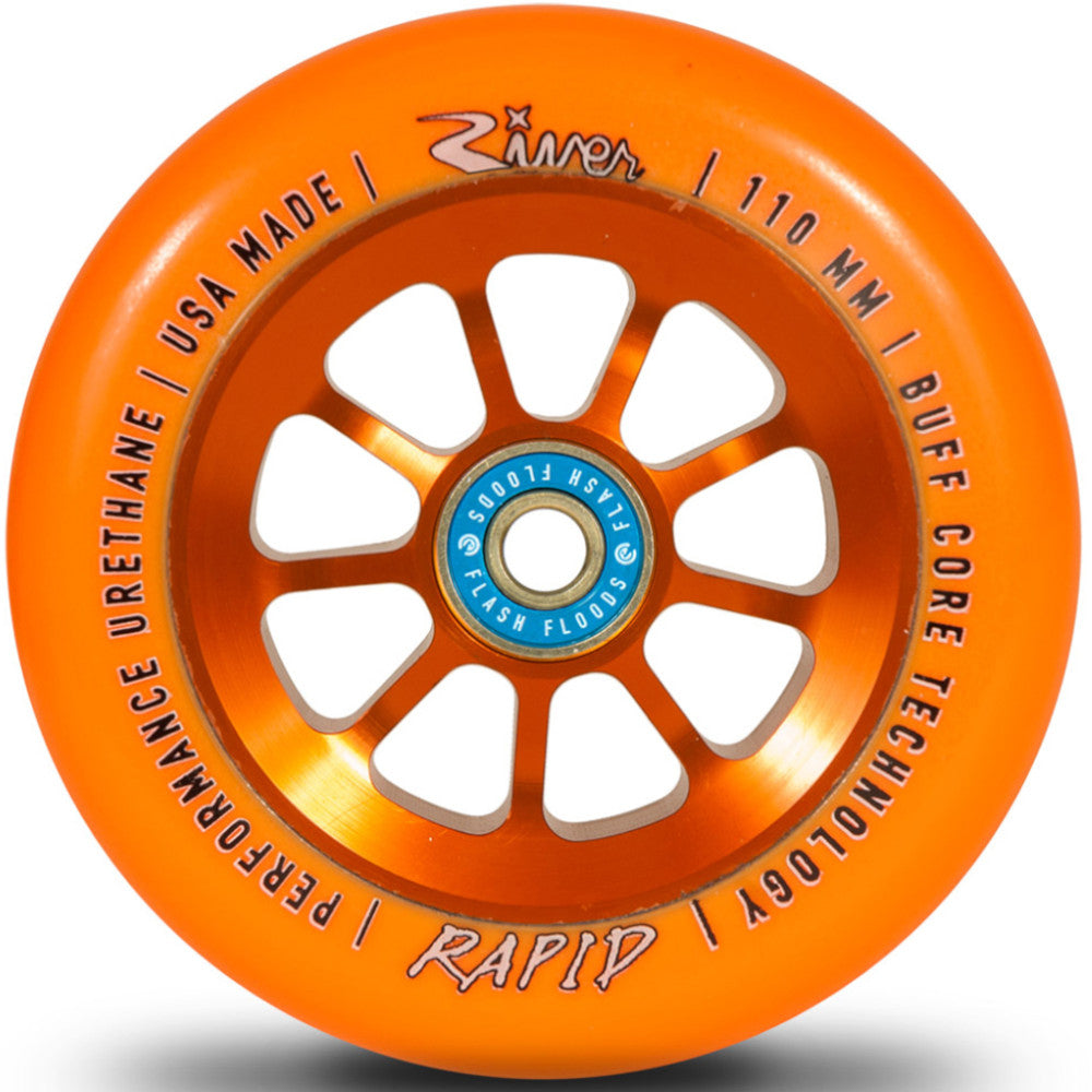 River Rapids Natural Sunset Orange 110mm Scooter Wheels River Glides are smooth, fast and flowy. Hands down the smoothest wheel in the scooter industry and ideal for hitting the park. Featuring BUFF Core Technology to reduce dehubbing. All River Wheels come with bearing removal slots for taking bearings out with ease. These wheels come with High Quality River Flash Flood Bearings Pre-installed. RIVER - STICKERS INCLUDED! All River Wheels come
