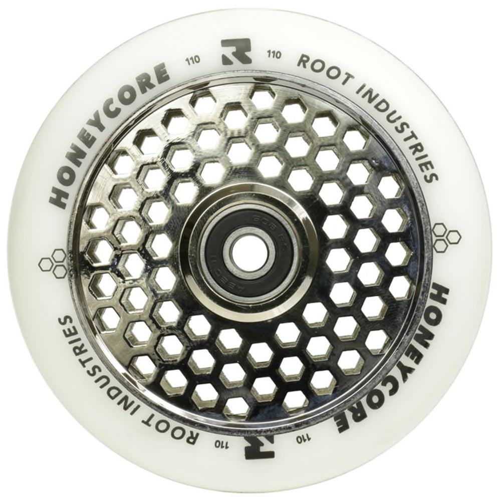 Root Industries Honeycore 110mm White Urethane (PAIR) - Scooter Wheels Mirror Chrome SingleRoot Industries Honeycore 110mm White PU Freestyle Scooter Wheel Mirror Chrome