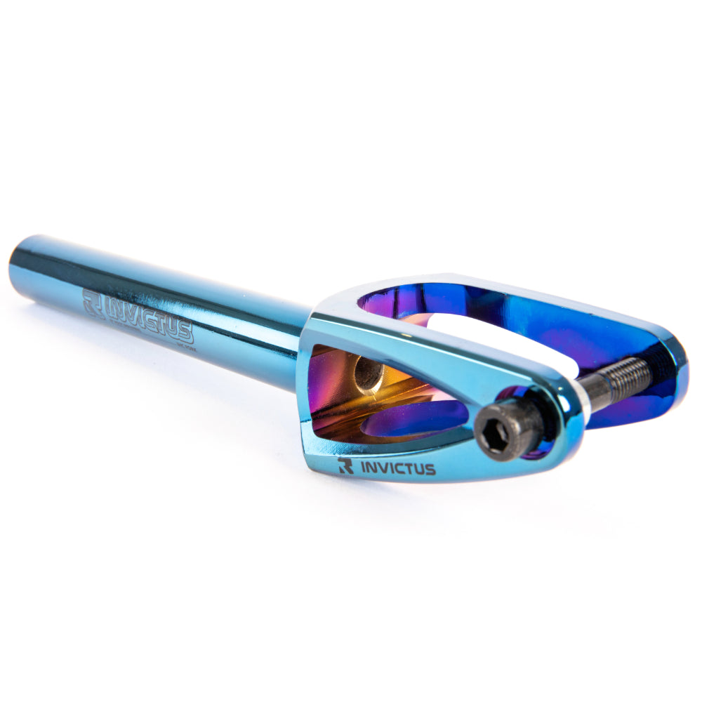 Root Industries Invictus V2 IHC Scooter Fork Blu Ray Neo Chrome Angle