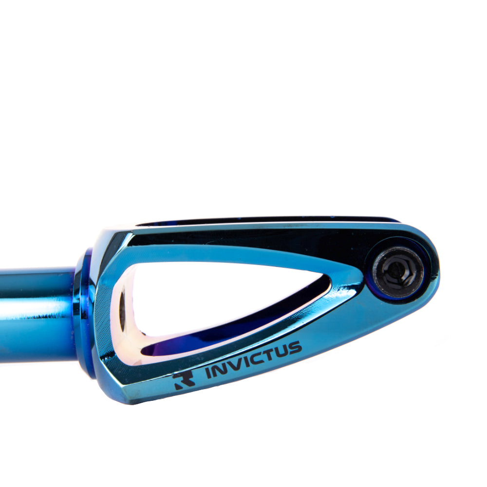 Root Industries Invictus V2 IHC Scooter Fork Blu Ray Neo Chrome Side Close Up
