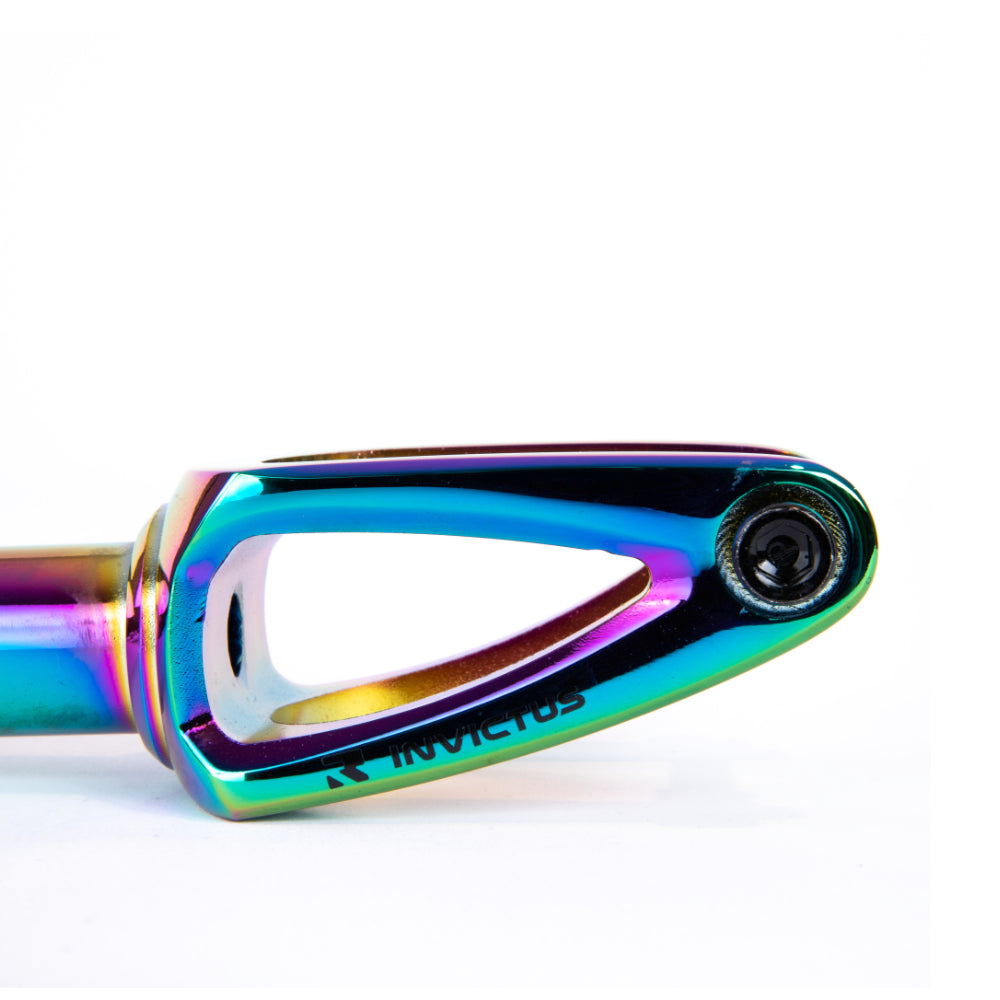 Root Industries Invictus V2 IHC Scooter Fork Rocket Fuel Noe Chrome Oilslick Side Close Up