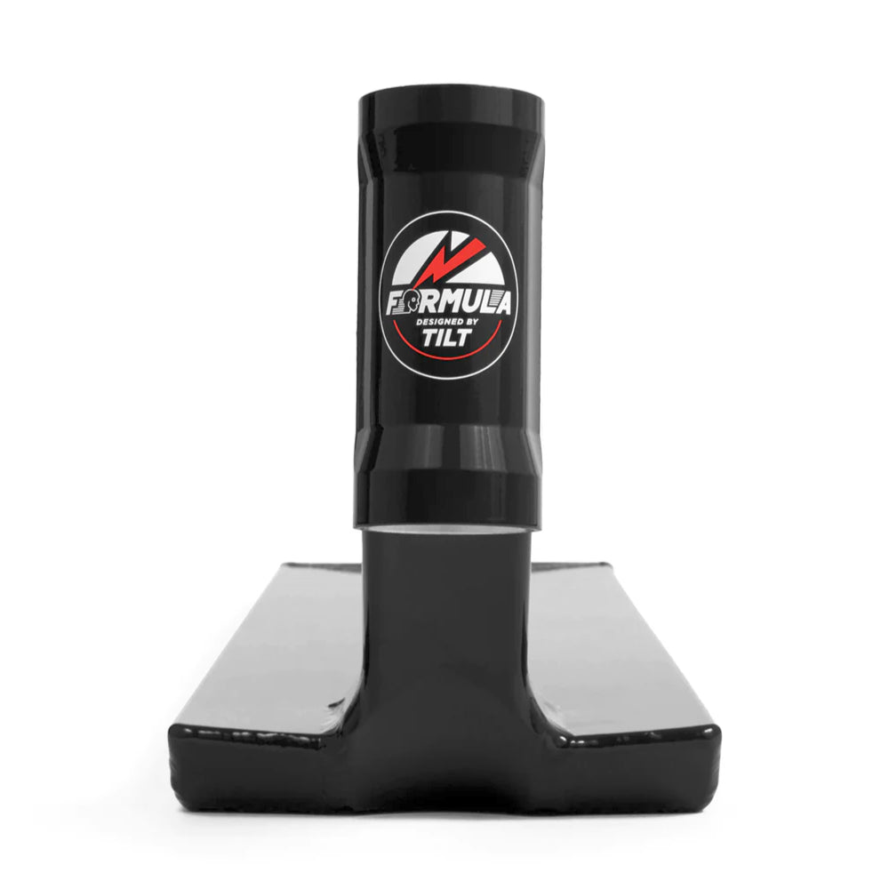 Tilt Formula Black Freestyle Street Scooter Deck The Formula Deck is part of Tilt’s Selects collection and is the successor of Tilt's original Theory Deck. You'll be stoked on the cutout providing lower weight while the new downtube maintains strength. Towards the back, you have an updated version of Tilt's welded dropouts and a new lower profile fender. The Formula Deck is lightweight and well balanced for whichever trick you throw next - Front