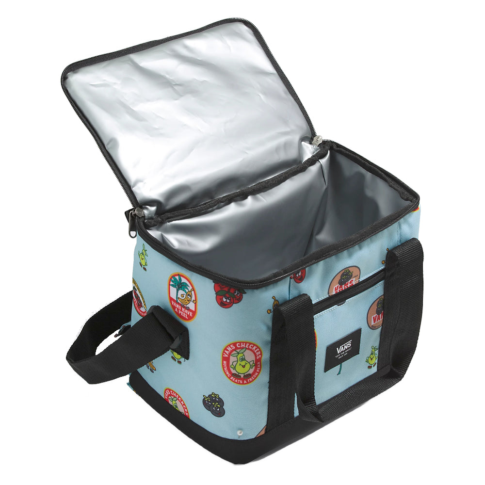 Vans Cooler Bag Blue Glow Keeping things cool just got a whole lot cooler with the Vans Cooler Bag. Featuring an exterior zipper closure and an adjustable shoulder strap, this bag is big enough to carry your daily essential while being small enough to easily tote around.