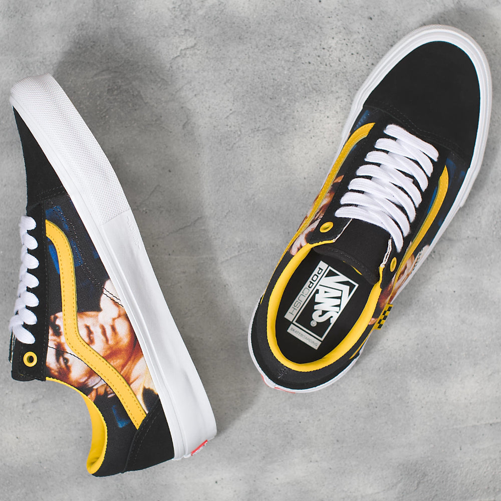 Vans Skate Old Skool Bruce Lee Black Yellow Shoes Side Top View With Pop Cush