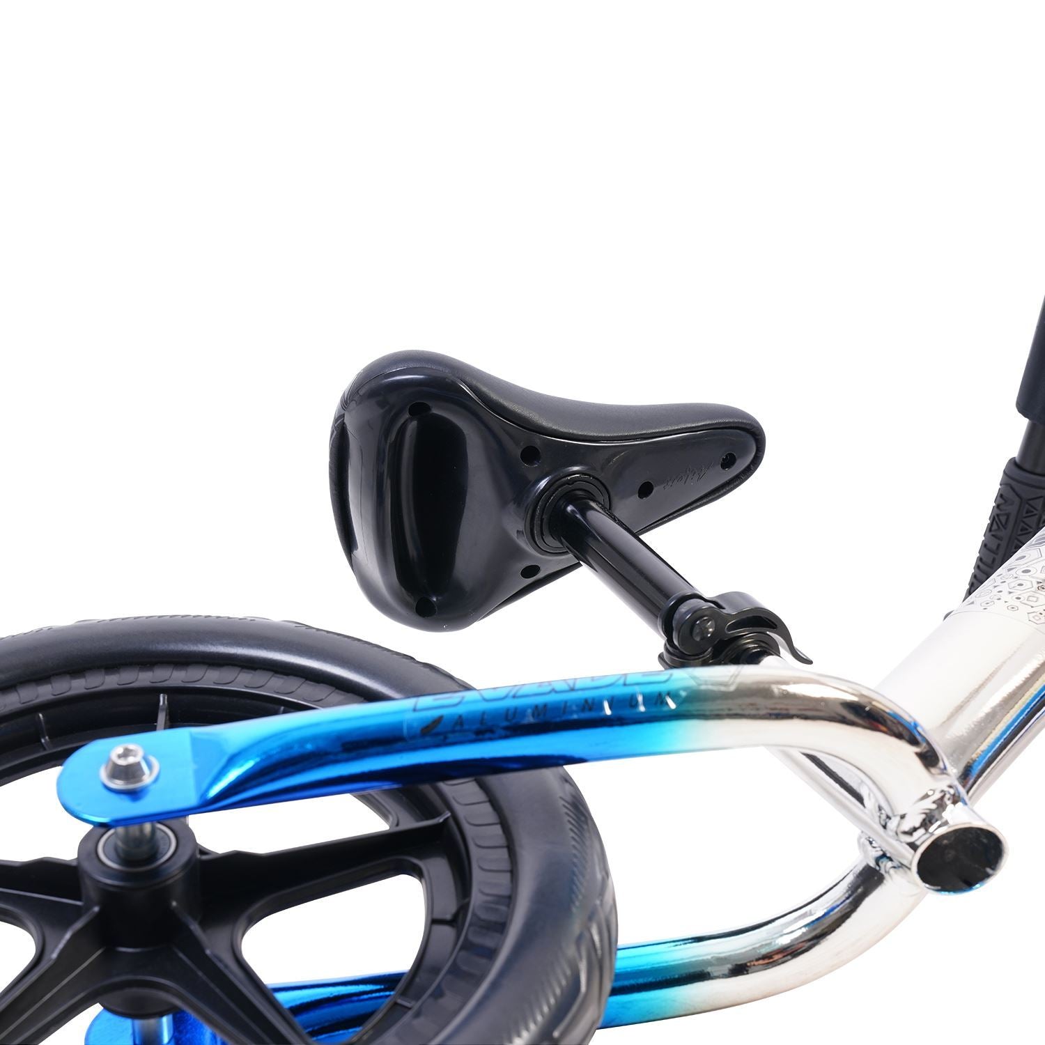Sullivan Evade 12in - Balance Bike Blue Black Silver Tube Close Up