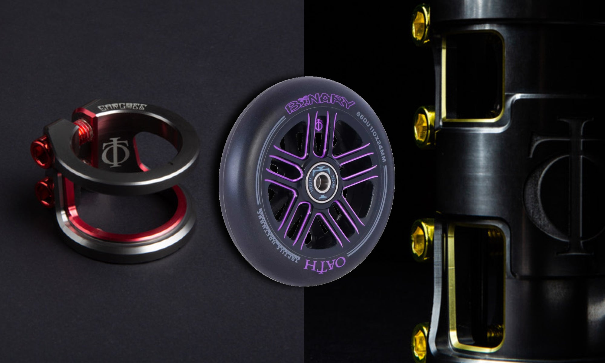 The Oath Components Clamps and wheels are the best best combo parts for freestyle scooters out there. The Carcass clamps and the Binary wheels will fit perfectly together.