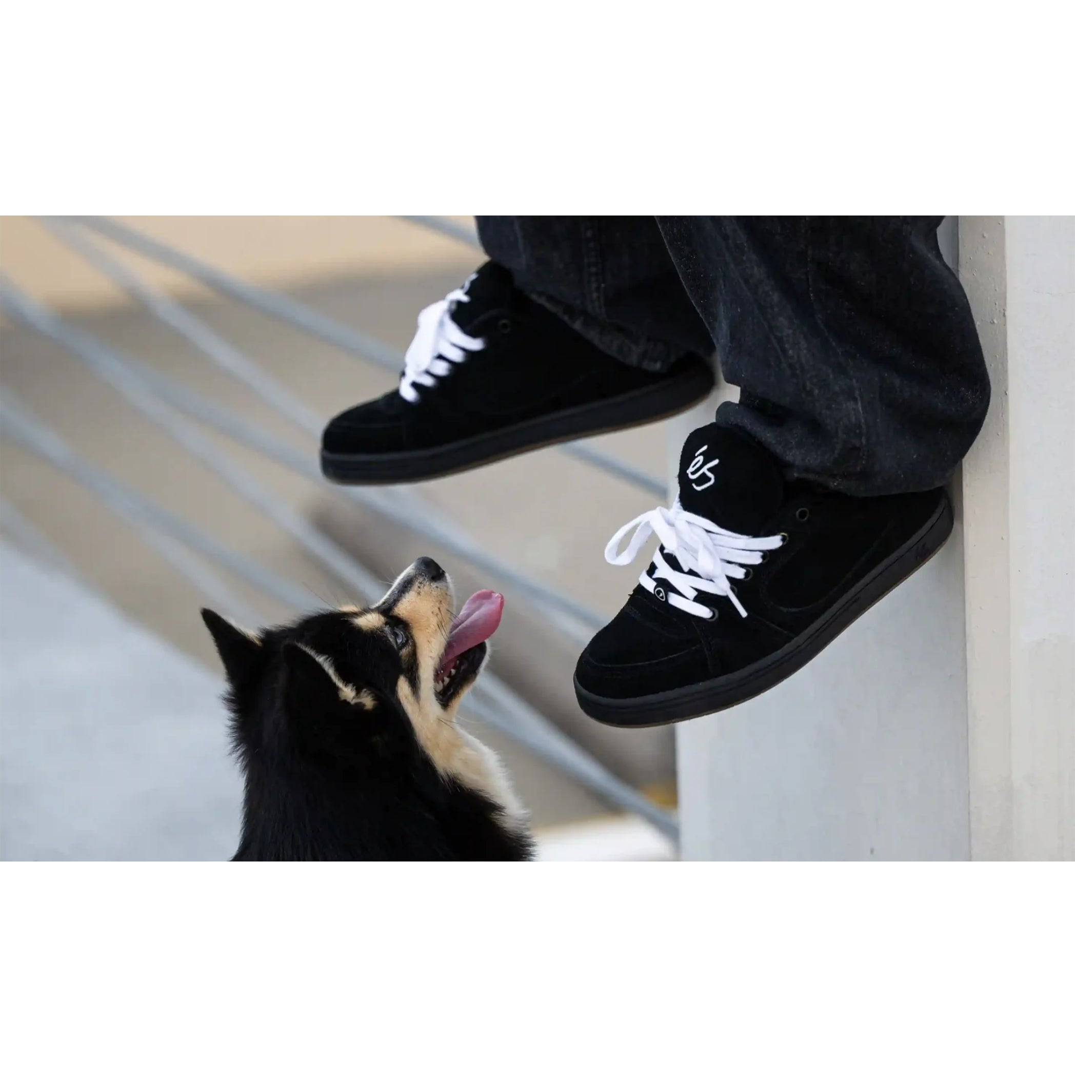 éS Accel skateboarding shoes in classic black colorway with premium suede construction