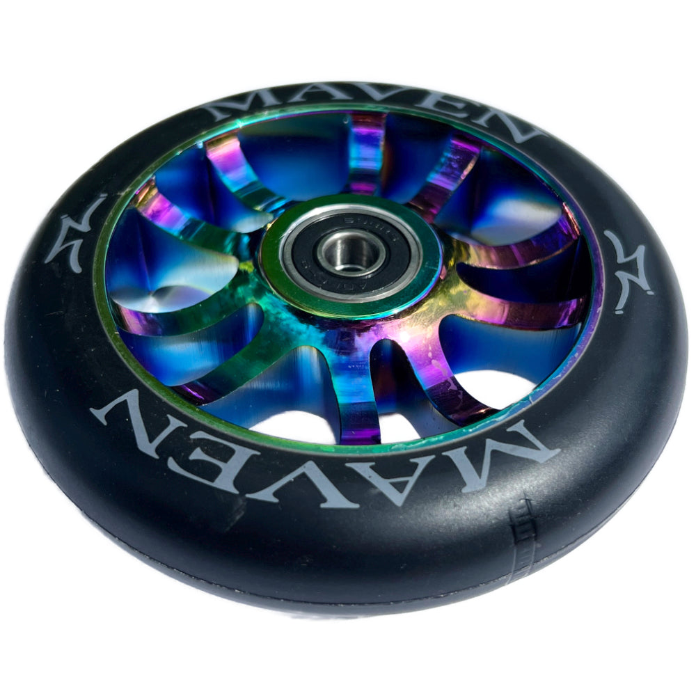 AO Scooters Maven Spoked 110mm Scooter Wheels Neo Chrome Oil Slick Angle View