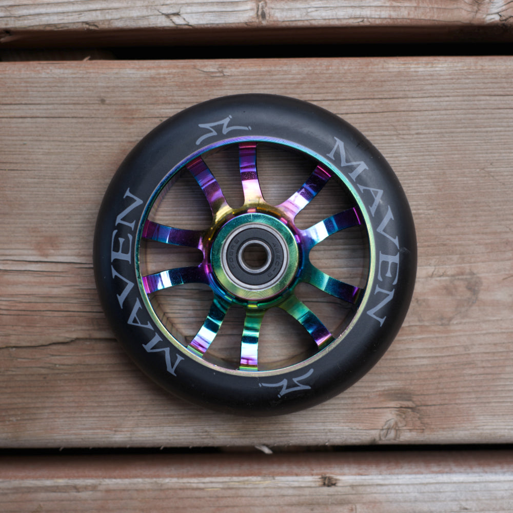 AO Scooters Maven Spoked 110mm Scooter Wheels Oil Slick Neo Chrome Lifestyle
