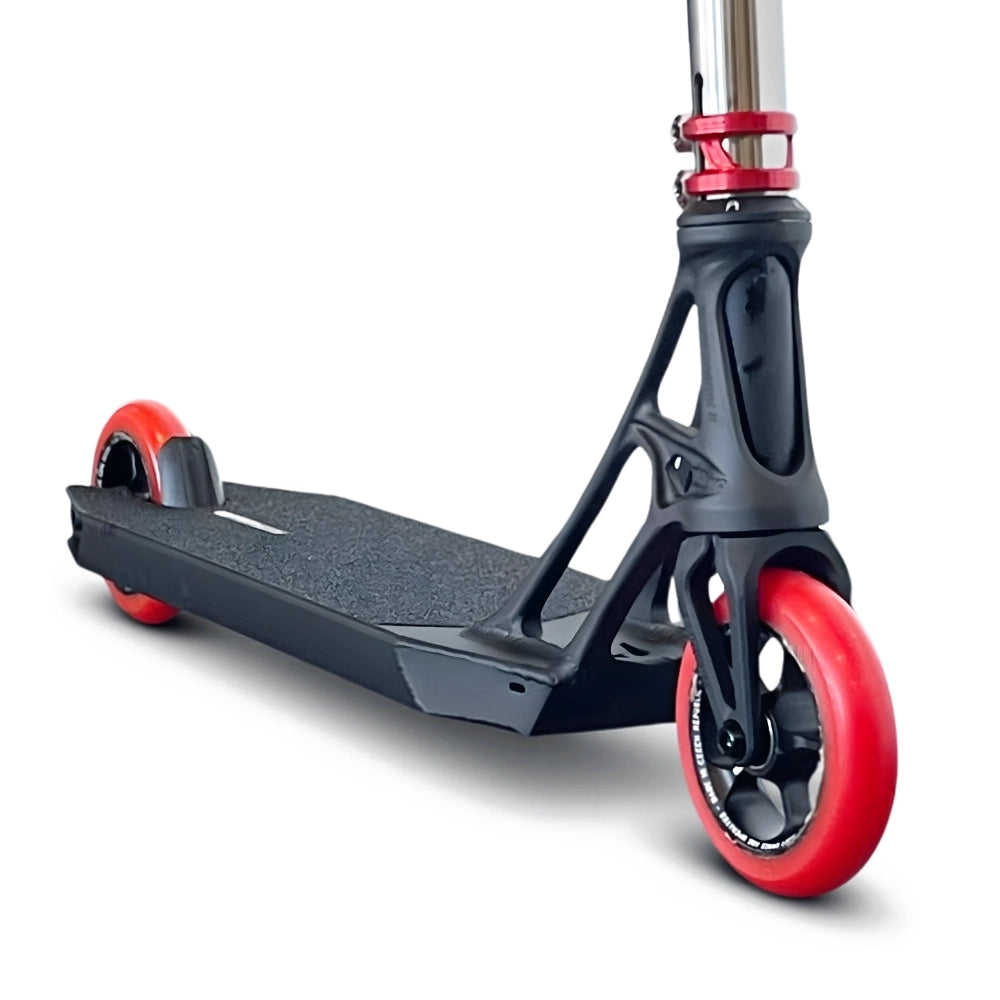 Burning Red Pandemonium V2 With Titanium Bars Custom Complete Scooter Close Up With Ethic DTC Sylphe V2, Legion V2 Fork