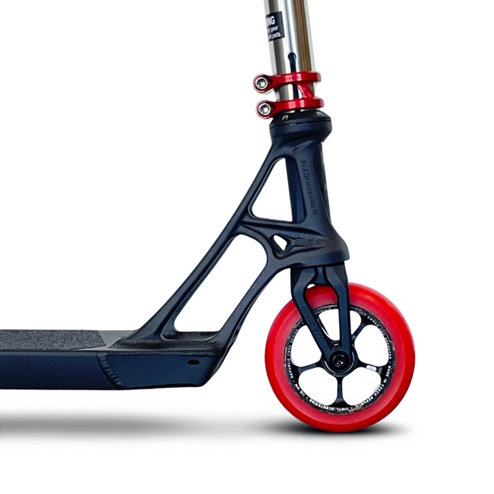 Burning Red Pandemonium V2 With Titanium Bars Custom Complete Scooter Side View with Vinyl Republic 110x24mm wheels Sequel Titanium Bars