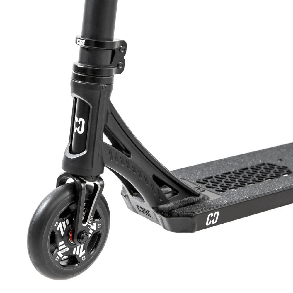 Core SL3 Complete Stunt Scooter Black Close Up On The Forged Necktube and 110x24mm Vent Wheel