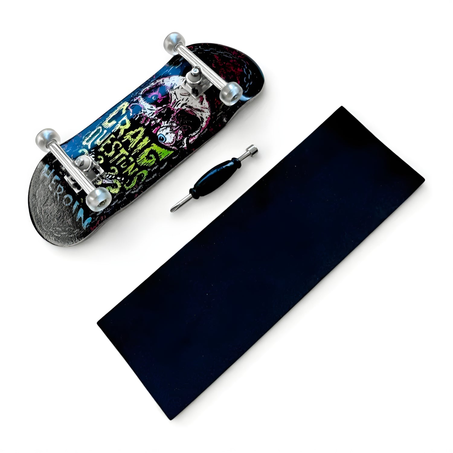 CustomFB x Heroin Craig Questions 36.5mm - Fingerboard Complete Silver Trucks Angle View